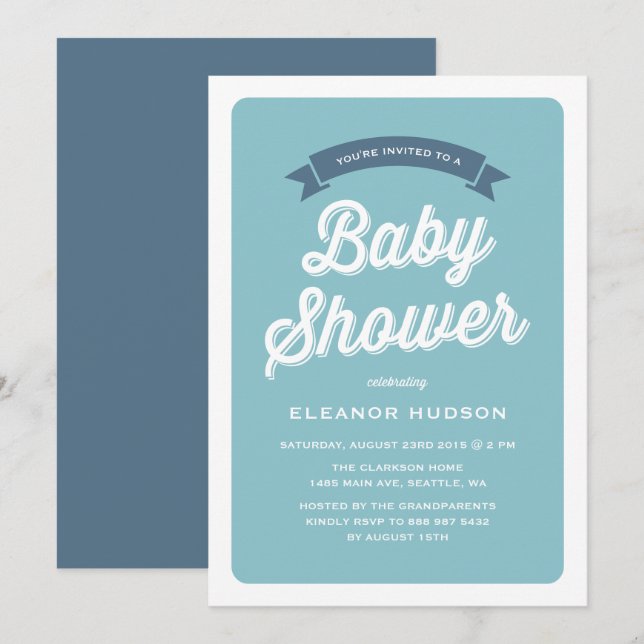 Blue Retro Typografie Script Classic Baby Shower I Einladung (Vorne/Hinten)