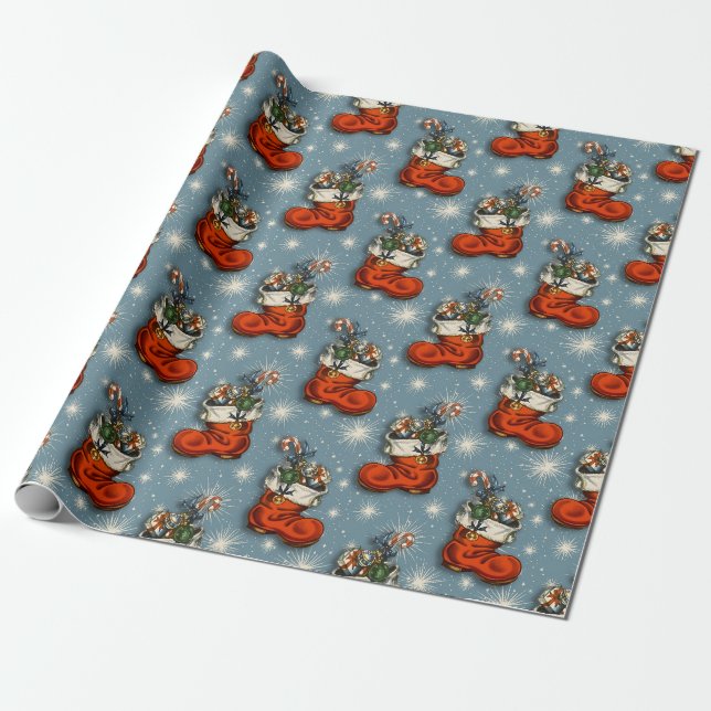 Blue Retro Weihnachts Weihnachtsschuhe Geschenkpapier (Ungerollt)