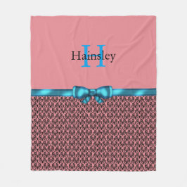 Blue Ribbon Bow Black Chandelier Damask Monogram Fleecedecke