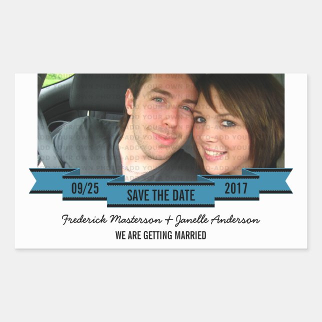 Blue Ribbon Foto Save the Date Stickers (Vorderseite)