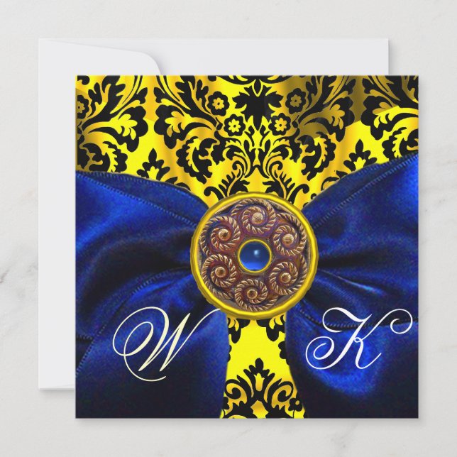 BLUE RIBBON GOLD YELLOW BLACK DAMASK MONOGRAMM EINLADUNG (Vorderseite)