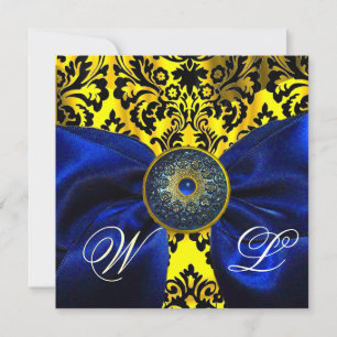 BLUE RIBBON GOLD YELLOW BLACK DAMASK MONOGRAMM EINLADUNG