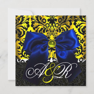 BLUE RIBBON GOLD YELLOW BLACK DAMASK MONOGRAMM EINLADUNG
