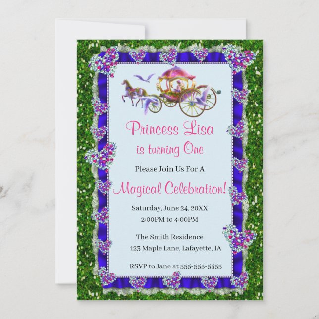Blue Ribbon Green Glitzer Royal Princess Birthday Einladung (Vorderseite)