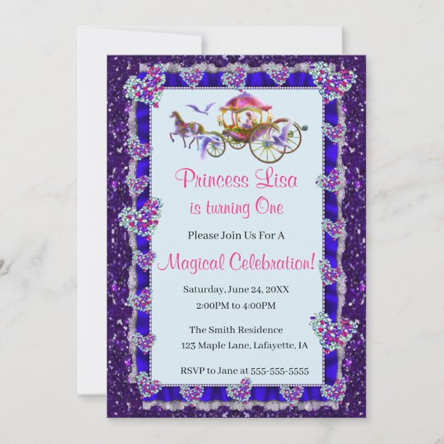 Blue Ribbon Lila Glitzer Royal Princess Birthday Einladung (Vorderseite)