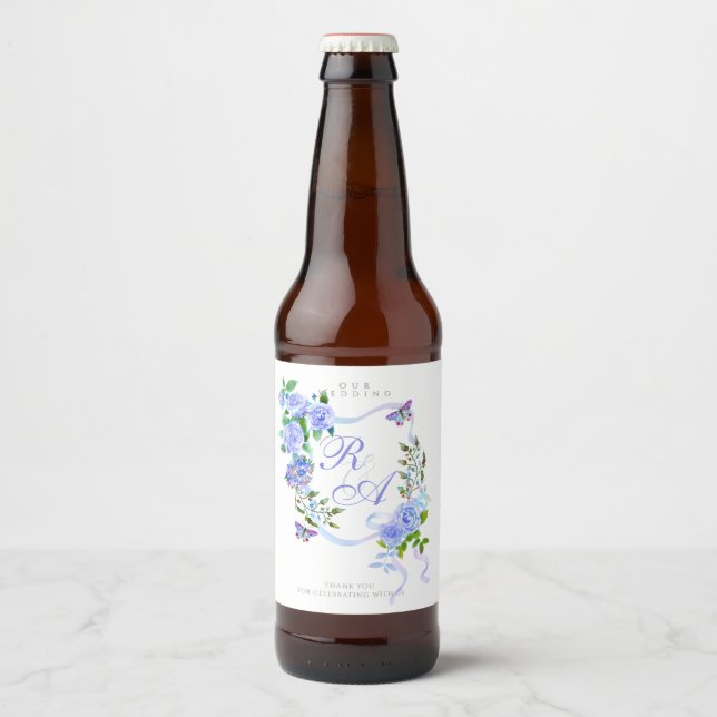 Blue Ribbon Monogram Wedding  Bierflaschenetikett (Vorderseite)