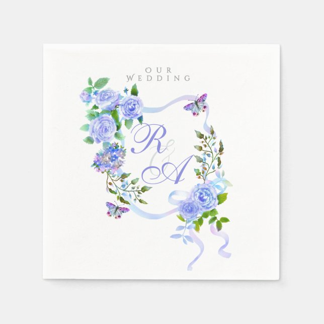 Blue Ribbon Monogram Wedding Serviette (Vorderseite)
