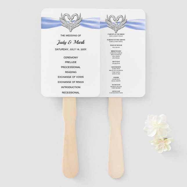 Blue Ribbon Silver Swan Wedding Program Fans Fächer (Vorne und Hinten)