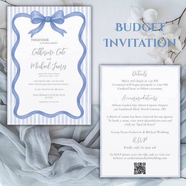 Blue Ribbon Stripe Vintages Budget Hochzeit Einladung (Von Creator hochgeladen)