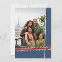 Blue Ribbon Wrapped Flat Christmas Foto Card