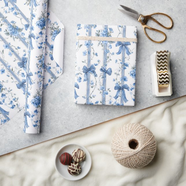 Blue Ribbons and Bows Toile Coquette Pattern  Geschenkpapier (Basteln)
