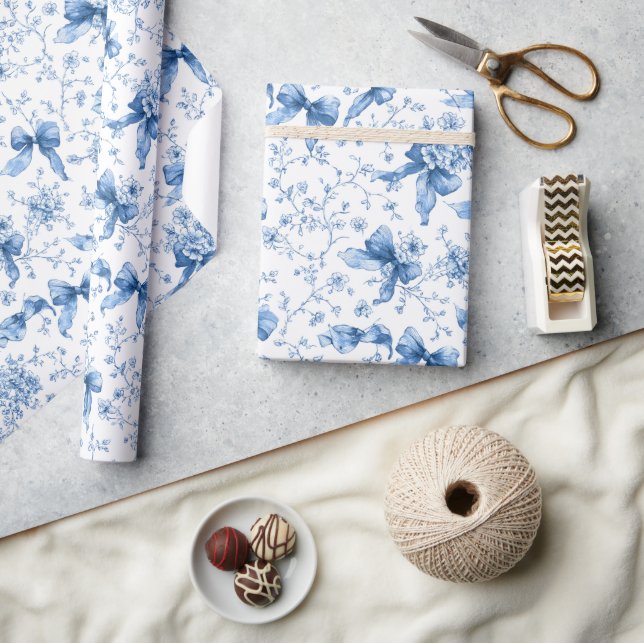 Blue Ribbons and Bows Toile Coquette Pattern  Geschenkpapier (Basteln)