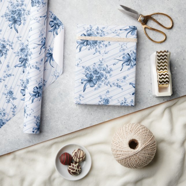 Blue Ribbons and Bows Toile Coquette Pattern  Geschenkpapier (Basteln)