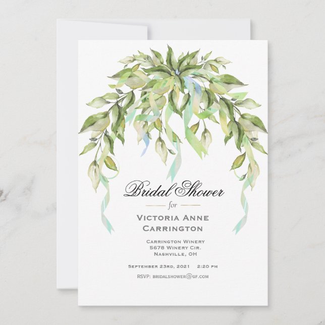 Blue Ribbons Greenery Elegantes Brautparty Einladung (Vorderseite)