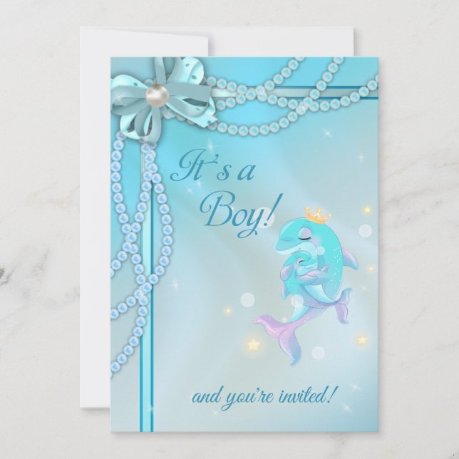 Blue Ribbons Lace Pearls Dolphin Boy Baby Dusche Einladung (Vorderseite)