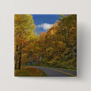 Blue Ridge Parkway in Kurven durch die Herbstfarbe Button