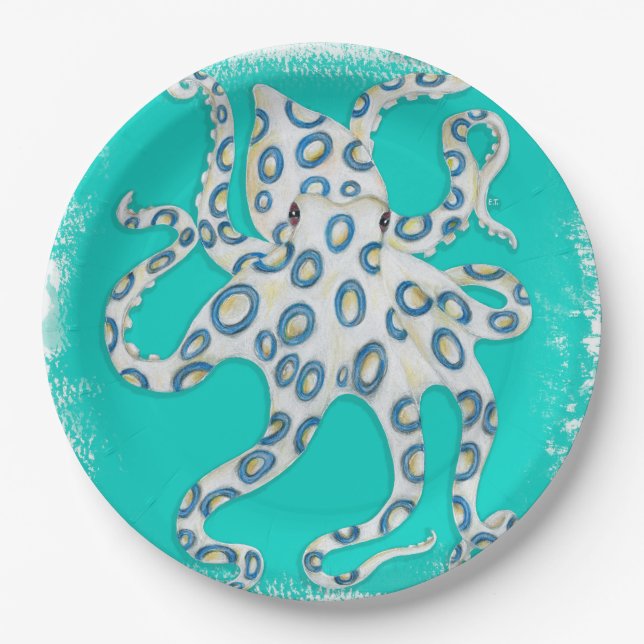 Blue Ring Octopus Aquamarin Art Pappteller (Vorderseite)