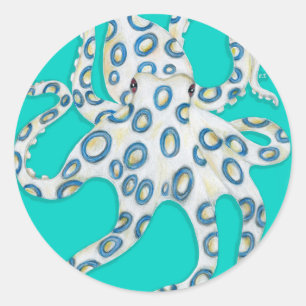 Blue Ring Octopus Aquamarine Art Runder Aufkleber