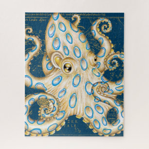 Blue Ring Octopus Indigo Vintag Map Nautic
