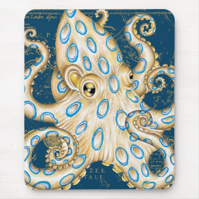 Blue Ring Octopus Indigo Vintag Map Nautic Mousepad (Vorne)