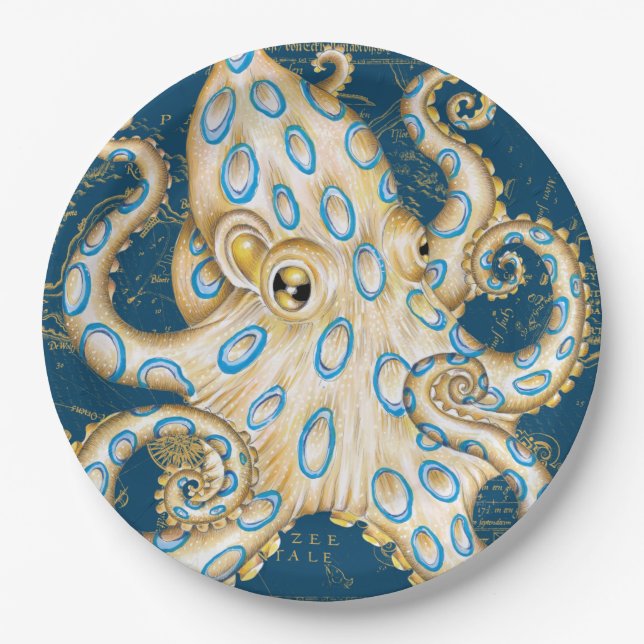 Blue Ring Octopus Indigo Vintag Map Nautic Pappteller (Vorderseite)