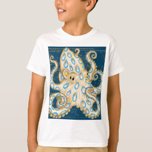 Blue Ring Octopus Indigo Vintage Map Nautical T-Shirt
