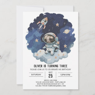 Blue Rocket Modern Astronaut Boy Birthday Einladung