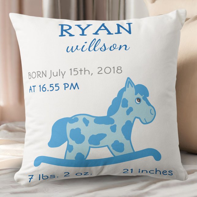 Blue Rocking Horse Baby Boy Birth Stats Kissen (Von Creator hochgeladen)