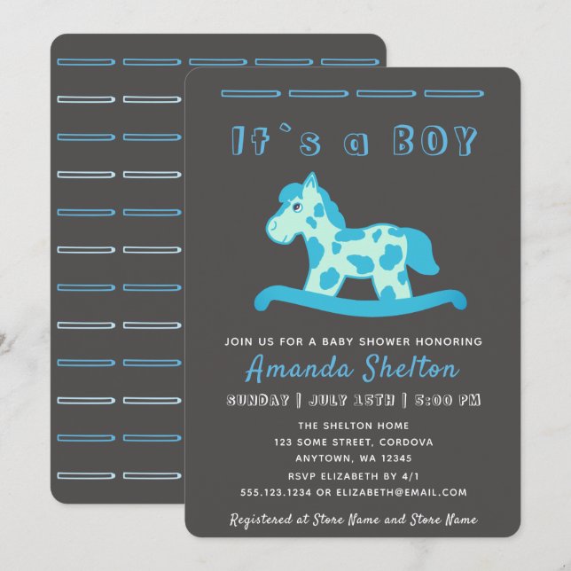 Blue Rocking Horse Baby Boy Shower Einladung (Vorne/Hinten)