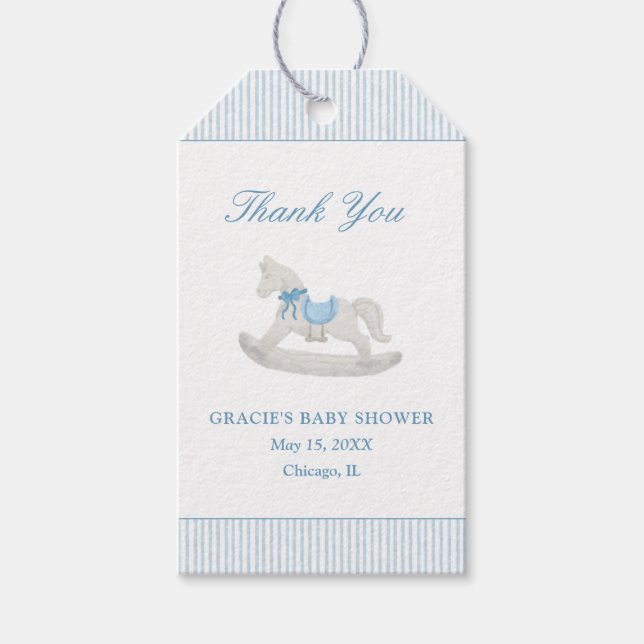 Blue Rocking Horse Boy Baby Dusche Vielen Dank für Geschenkanhänger (Vorderseite)