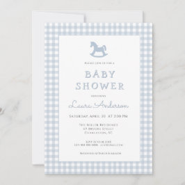 Blue Rocking Horse Gingham Border Boy Baby Dusche Einladung