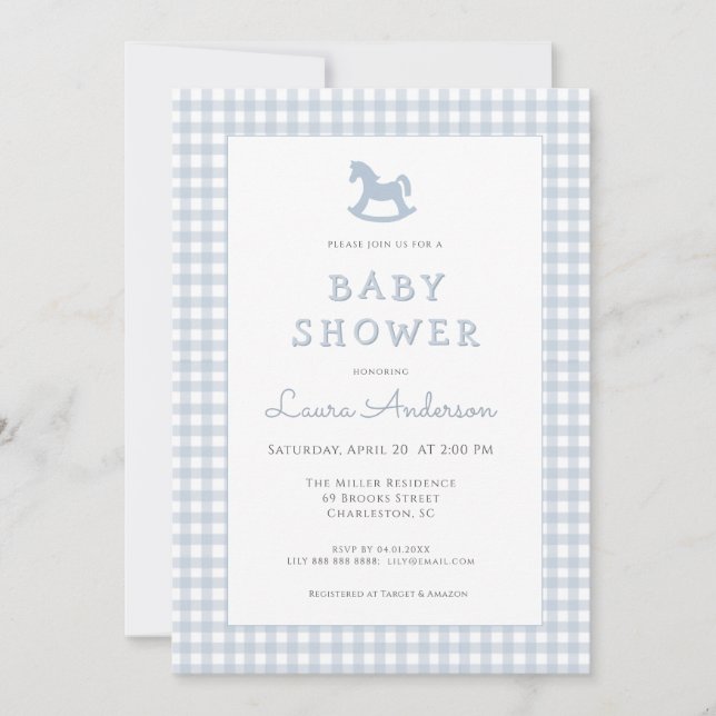 Blue Rocking Horse Gingham Border Boy Baby Dusche Einladung (Vorderseite)