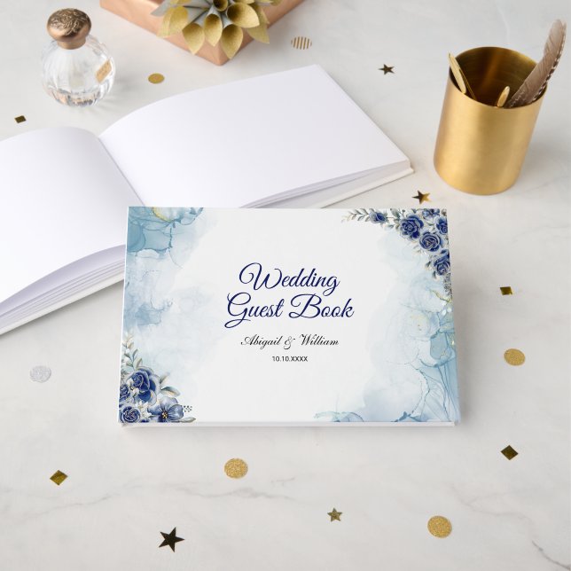 Blue Romantic Elegant Floral Wedding Guest Books Gästebuch (Vorderseite Offen)