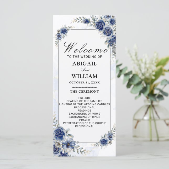 Blue Romantic Floral Botanica Wedding Program Card (Stehend Vorderseite)
