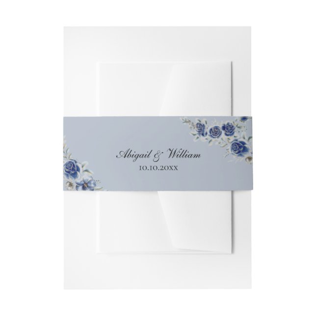 Blue Romantic Floral Botanical Wedding Belly Bands Einladungsbanderole (Vorderseite Beispiel)
