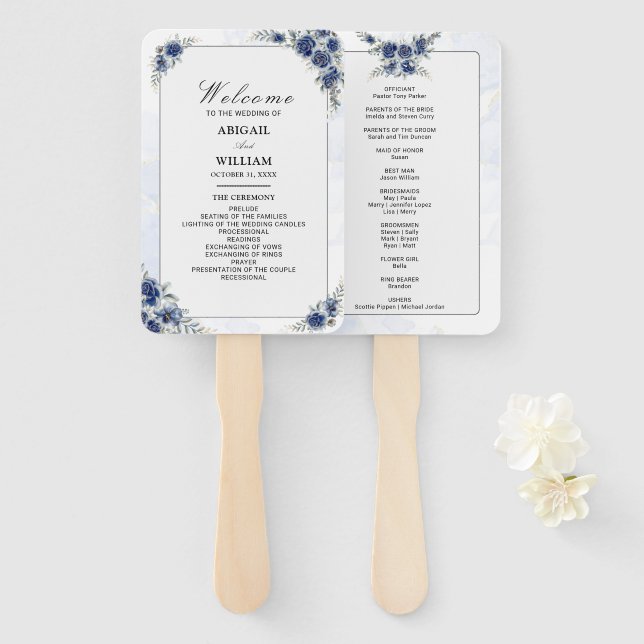 Blue Romantic Floral Botanical Wedding Programm Fächer (Vorne und Hinten)