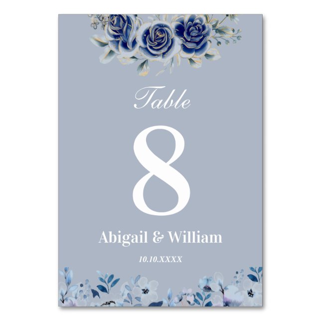 Blue Romantic Floral Botanical Wedding Table Card Tischnummer (Vorderseite)
