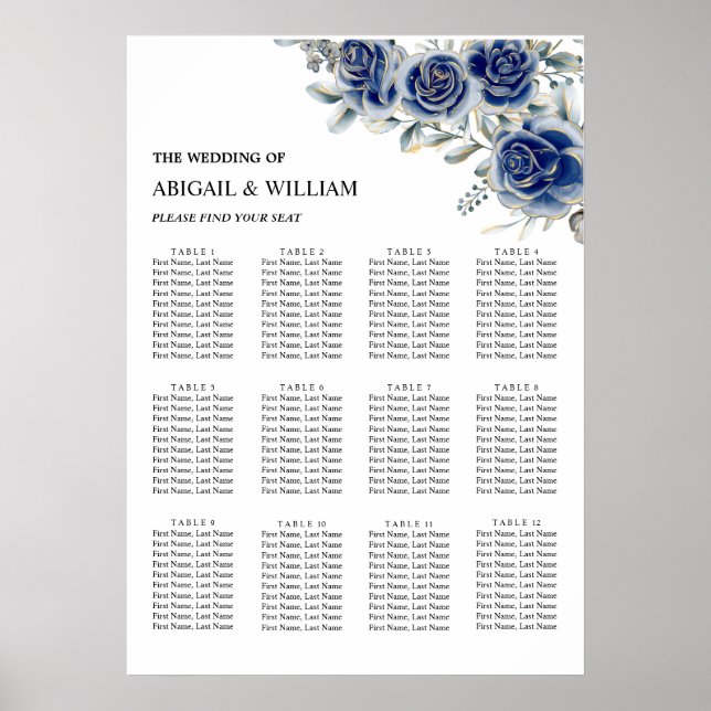 Blue Romantic Floral Wedding Seating Chart Poster (Vorne)