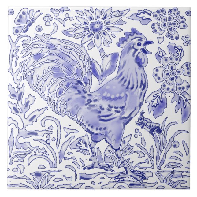 Blue Rooster Hühnerinsekt Bauernhof Rustikale Kuns Fliese (Vorderseite)