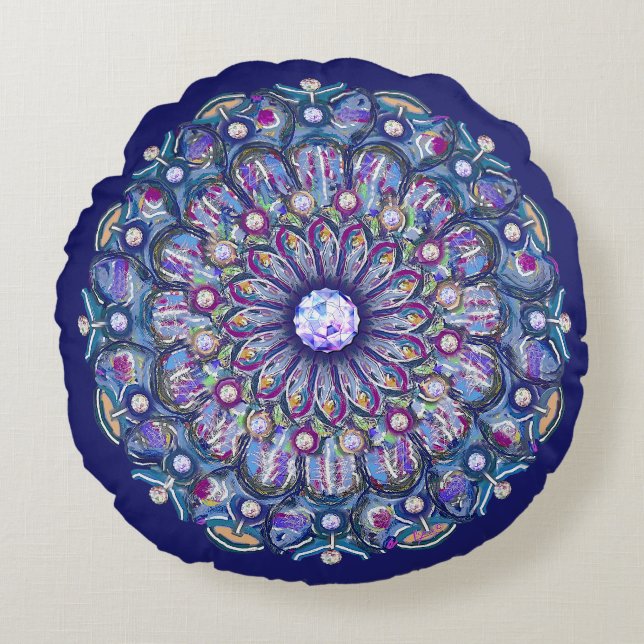 Blue Rosace Rundes Kissen (Vorderseite)