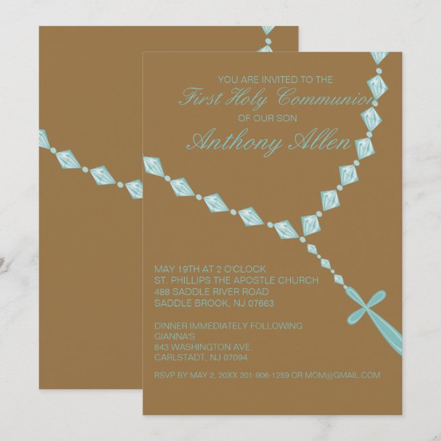 Blue, Rosary Beads Boys Kommune Einladung (Vorne/Hinten)