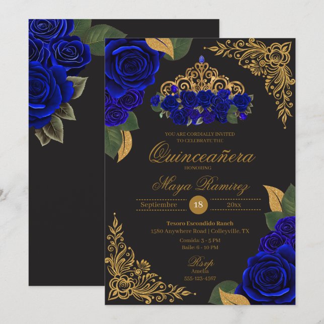 Blue Rose Black Gold Glitzer Tiara Quinceañera Einladung (Vorne/Hinten)