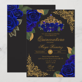 Blue Rose Black Gold Glitzer Tiara Quinceañera Einladung