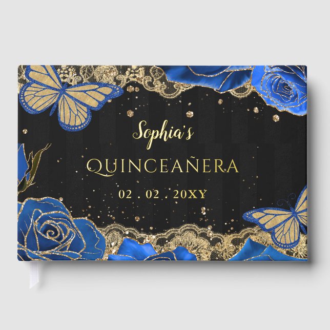 Blue Rose Black Gold Lace Butterfly Quinceañera Gästebuch (Vorderseite)