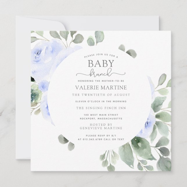 Blue Rose Botanical Baby Brunch Einladung (Vorderseite)