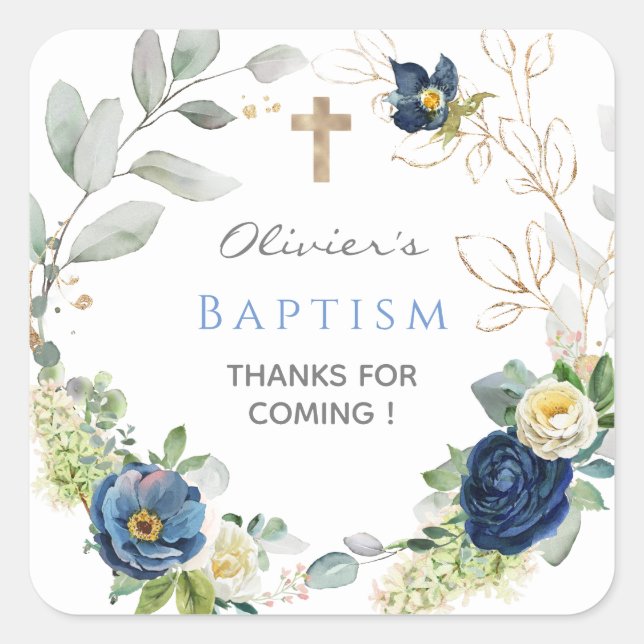 Blue Rose Boy Baptiskleber & Labels Quadratischer Aufkleber (Vorderseite)