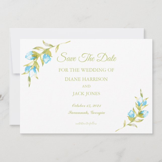 Blue Rose Buds Wedding Save the Date Einladung (Vorderseite)