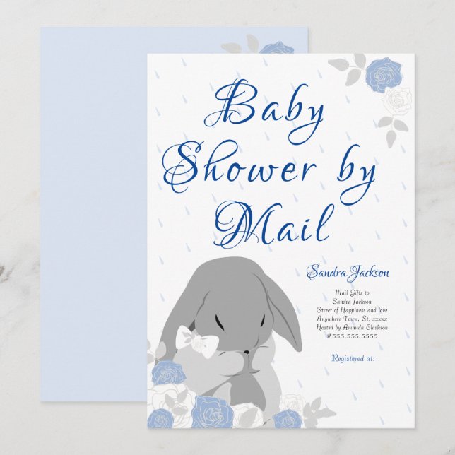 Blue Rose Bunny Rabbit Boy Babydusche Einladung (Vorne/Hinten)