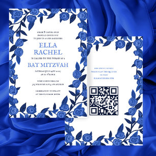 Blue Rose Custom Bat Bar Mitzvah QR Code Girl Einladung