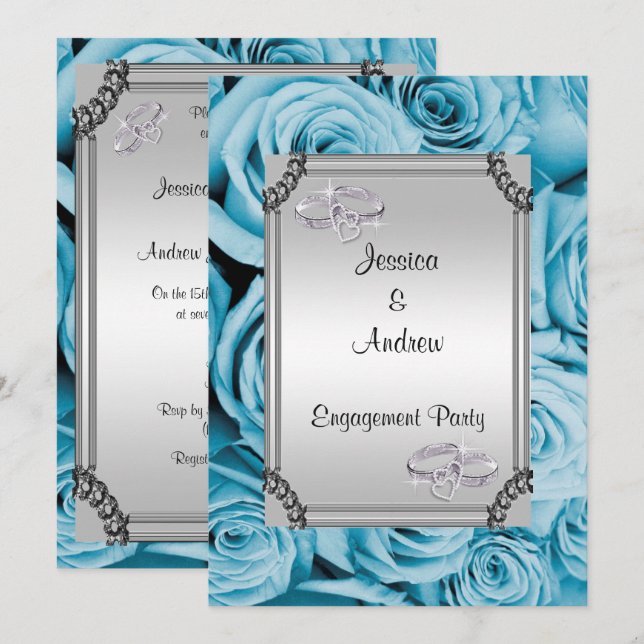 Blue Rose & Diamond Wedding Rings Verlobung Einladung (Vorne/Hinten)